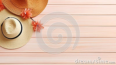 Stylish female straw hat with flowers. Generative AI Stock Photo