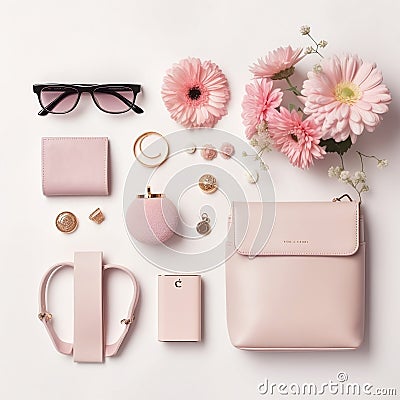 Stylish Feminine Accessories Flat Lay. AI Stock Photo