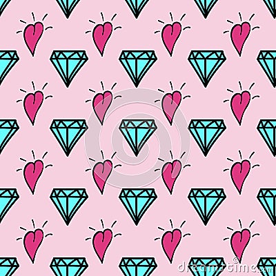 Stylish feminine seamless pattern drawn by hand. Cute print with repeating diamonds and hearts. Doodle. Vector Illustration