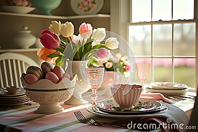 Stylish festive Easter table in a tidy and stylish home interior Stock Photo