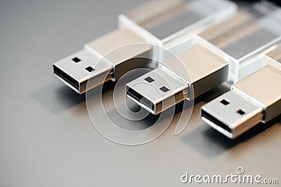 Stylish Flash Drive. Several glass card on a gray background. Stock Photo