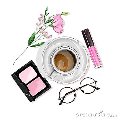 Stylish flat lay set with coffee cup, cosmetics, eyeglasses and flower. Stock Photo