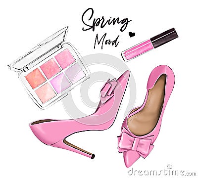 Stylish flat lay set with pink shoes, eye shadows and lipstick. Fashion illustration. Cartoon Illustration