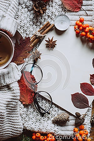 Stylish Flat lay view of autumn leaves and textured scarf on wooden background with cup . Autumn or Winter concept. Stock Photo