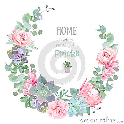 Stylish floral vector design round frame. Rose, camellia, pink flowers, echeveria, protea, eucaliptus leaves Vector Illustration