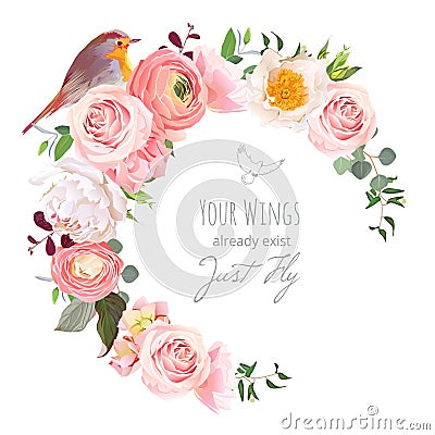 Stylish floral vector round frame with ranunculus, peony, rose, green plants and small robin bird on white Vector Illustration