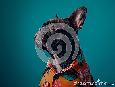 Stylish French Bulldog in a Floral Shirt Stock Photo