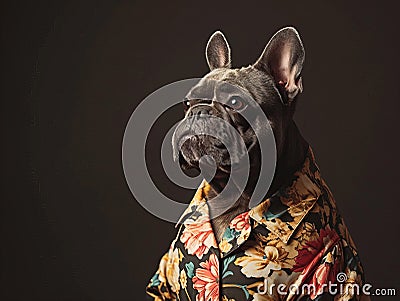 Stylish French Bulldog in a Floral Shirt Posing Elegantly Stock Photo