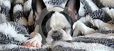 Stylish french bulldog puppy lounging in a cozy bed, a fashionable and adorable companion Stock Photo