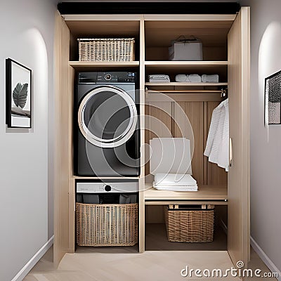 A stylish and functional laundry room with built-in storage and folding space3 Stock Photo