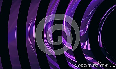 Stylish geometric 3d artwork illustrating purple violet neon arcs in row on black background. Stock Photo