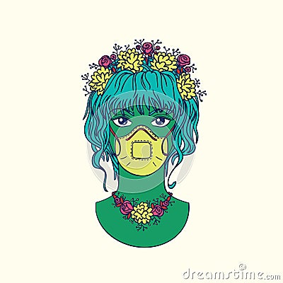 Stylish girl with bezel of flowers wearing medical mask. Coronavirus pandemic concept. Bright colored vector Vector Illustration