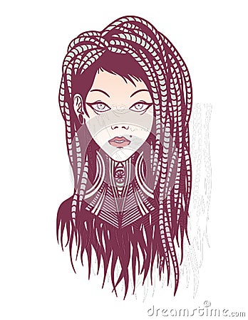 Stylish girl with dreadlocks, tattoo and piercing. Vector Illustration