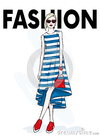 Stylish girl in a dress, shoes and with a bag. Fashion and style of 90s. Vector illustration. Vector Illustration