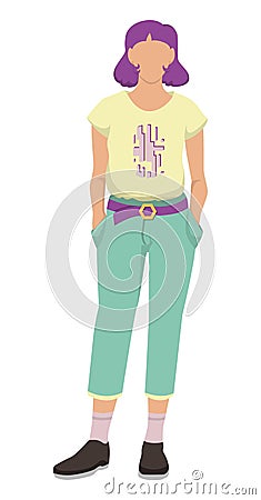 Stylish girl with short purple hair. She stands and holds her hands in pockets. Yellow shirt with designer print and breeches. Vector Illustration