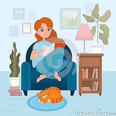 Girl Reading Book On Armchair At Home Vector Illustration