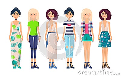 Stylish Girls Set Summer Vogue Collection Clothing Vector Illustration