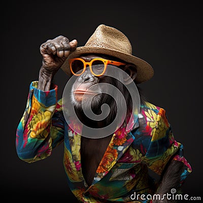 A stylish gorilla in beach cloth on black background Stock Photo