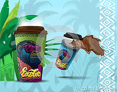 Stylish gorilla on disposable coffee cup on exotic background with ornament Vector Illustration