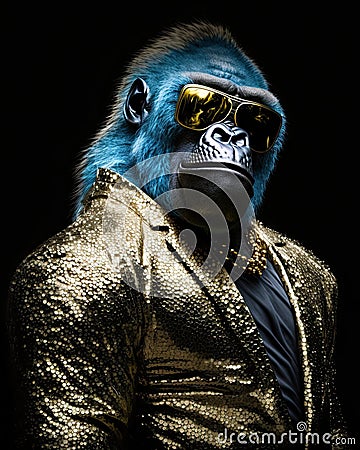 Stylish gorilla in sunglasses and a golden jacket on a black background Stock Photo