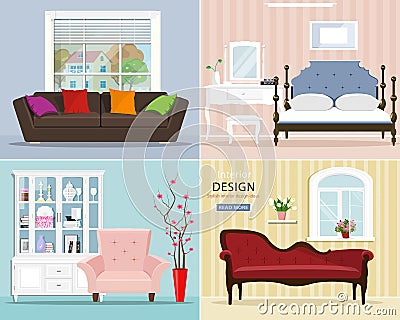 Stylish graphic room set: bedroom with bed and night table; living room with sofa, armchair, window. Interior design. Vector Illustration