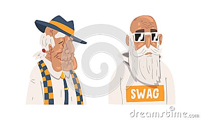 Stylish Gray Haired Senior Man Hipster Wearing Glasses and Hat Vector Set Vector Illustration