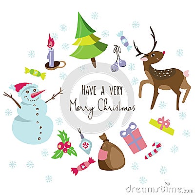 Stylish greeting card background with a christmas tree,snowman,deer,sweets,decorations. Vector Illustration