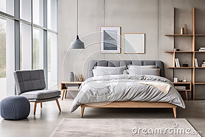 Stylish grey bedroom interior design modern and minimal style, loft bedroom. generative ai Stock Photo