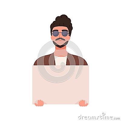 Stylish guy in trendy sunglasses carrying empty banner vector flat illustration. Colorful hipster bearded man posing Vector Illustration