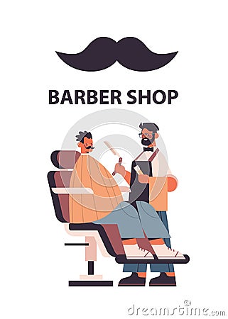 Stylish hairdresser cutting hair of client male barber in uniform trendy haircut barbershop concept Vector Illustration
