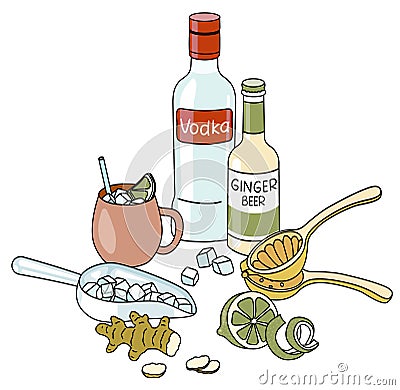 Stylish hand-drawn doodle cartoon style Moscow Mule cocktail composition. A bottle of vodka, ginger beer, ice scoop and Vector Illustration