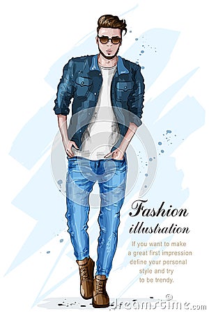 Stylish handsome man in fashion clothes. Fashion man. Hand drawn male model. Sketch. Vector Illustration