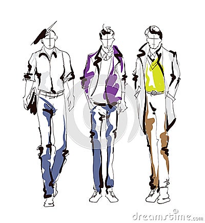 Stylish handsome man in fashion clothes. Fashion man. Hand drawn male models set. Sketches. Handsome stylish man Vector Illustration