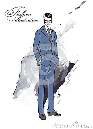 Stylish handsome man in fashion clothes. Fashion man. Hand drawn male model. Sketch. Cartoon Illustration