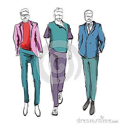Stylish handsome mans in fashion clothes. Hand drawn beautiful young mens. Stylish mens set. Fashion mens sketch. Fashion men Stock Photo