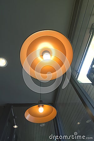 Stylish hang round ceiling luxury beautiful retro edison light lamp sit. Stock Photo