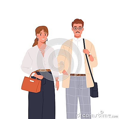 Stylish happy man and woman standing together vector flat illustration. Smiling couple or colleagues in trendy outfit Vector Illustration