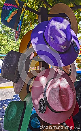 Stylish hats and caps on the Mexican market in Mexico Stock Photo