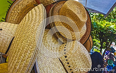 Stylish hats and caps on the Mexican market in Mexico Stock Photo