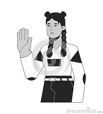 Stylish hispanic girl hello wave black and white 2D line cartoon character Vector Illustration