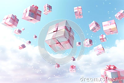 Stylish holiday fairy tale background with lots of gifts in pink wrapping paper with bows. Generated ai Stock Photo