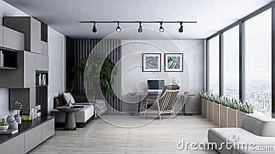 Urban home office, photorealistic 3D Illustration of the interior, suitable for using in video conference and as a background. Stock Photo