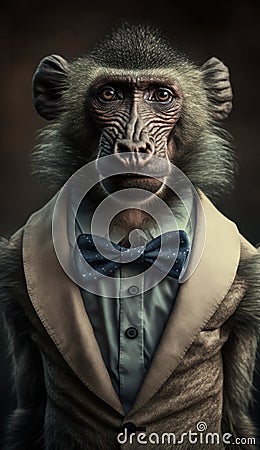 Realistic Portrait Illustration Art Showcasing Cute Baboon wearing bow tie (Generative AI) Stock Photo