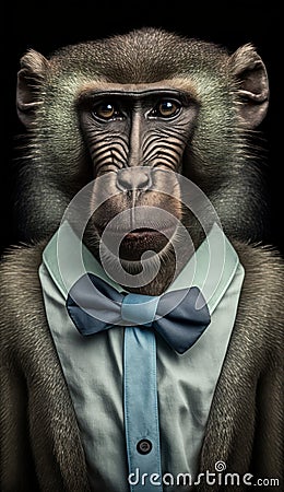 Realistic Portrait Illustration Art Showcasing Cute Baboon wearing bow tie (Generative AI) Stock Photo