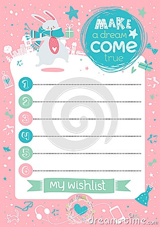 Stylish inspirational wish list card with cute bunny, gift, city, funny typography in vector. Lettering Vector Illustration