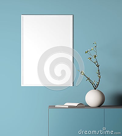 Stylish interior blue mock up. trendy colour template. vertical empty white frame. modern wall background. portfolio template. bus Cartoon Illustration