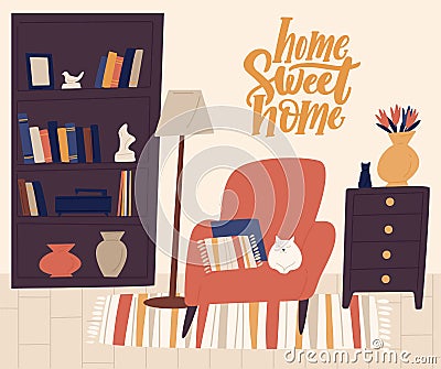 Stylish interior of cozy room vector flat illustration. Cartoon cat lying on comfy armchair with pillows surrounded by Vector Illustration