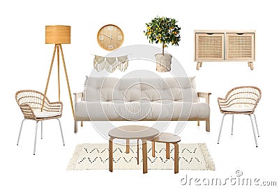 Stylish interior design. Different decorative elements and furniture on white background. Mood board collage Stock Photo