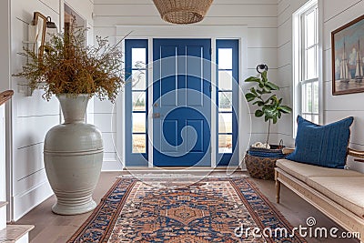 Stylish Interior Design Hallway with Blue Door. AI Generated Stock Photo