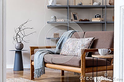 Interior design and home decor of living room with brown wooden sofa. Stock Photo